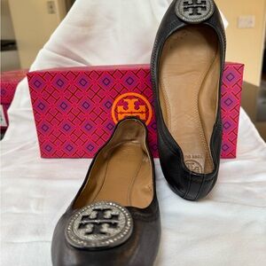 Tory Burch Black Leather Flats with Silver Emblem